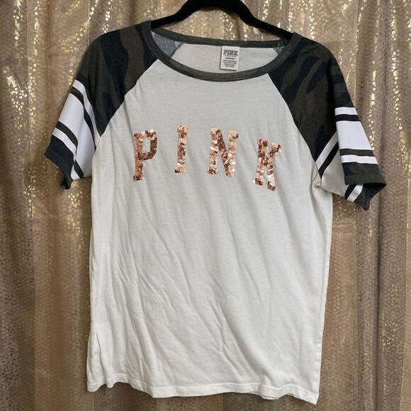 PINK Victoria's Secret White Camo Rose Gold Sequin Bling T Shirt, Large - Picture 1 of 6